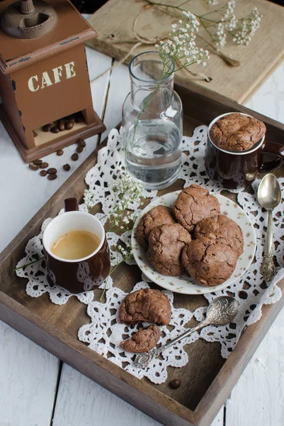 Close View Chocolate Chip Cookies Wooden Tray — Stock Photo, Image