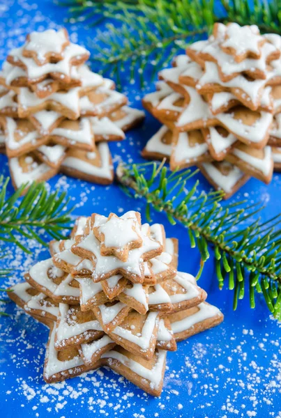 Close View Gingerbread Christmas Trees Blue Wooden Table — Stock Photo, Image