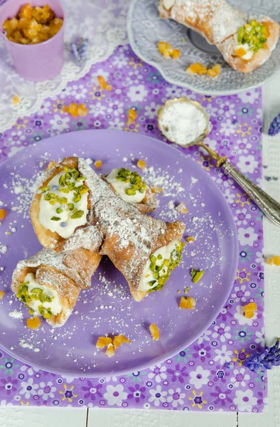 Close View Italian Cannoli Green Pistachio Nuts Candied Orange — Stock Photo, Image