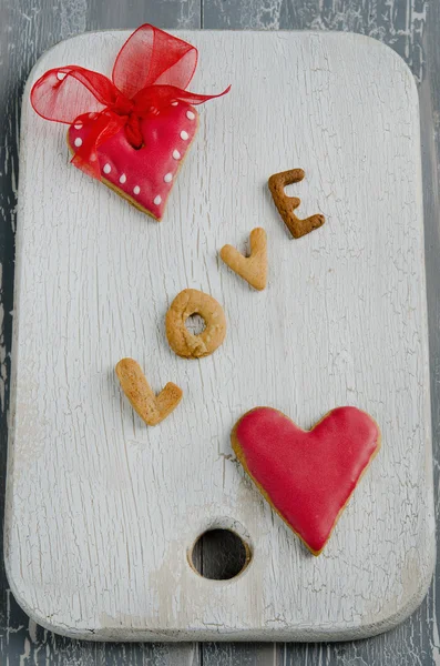 Biscuits Saint Valentin Forme Coeur Sur Fond Table Bois — Photo