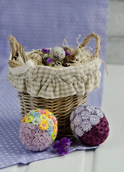 Colorful Easter Eggs Quail Eggs Basket — Stock Photo, Image