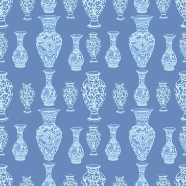 Chinese, Greek vases with ornaments. Hand-drawn illustration. Print, textiles, folk motives, traditions. Bright drawing. Ceramics, porcelain. Seamless pattern clipart