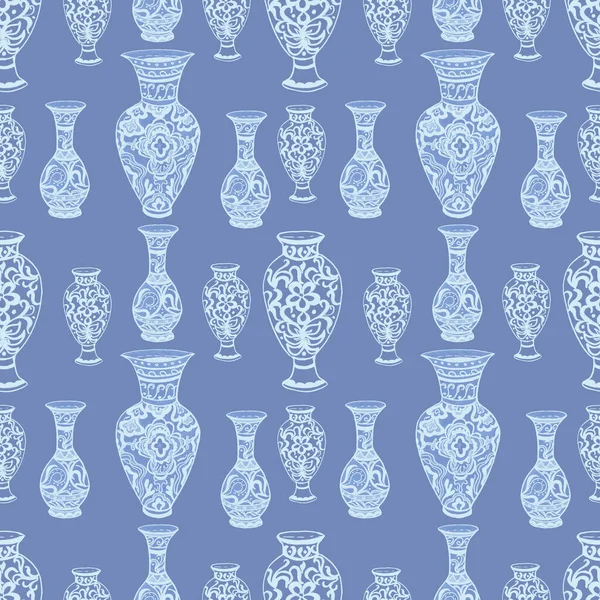 Chinese Griekse Vazen Met Ornamenten Handgetekende Illustratie Print Textiel Volksmotieven — Stockfoto