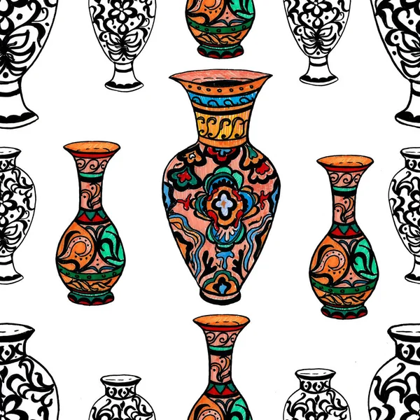 Chinesische Griechische Vasen Mit Ornamenten Handgezeichnete Illustration Drucke Textilien Volkstümliche — Stockfoto