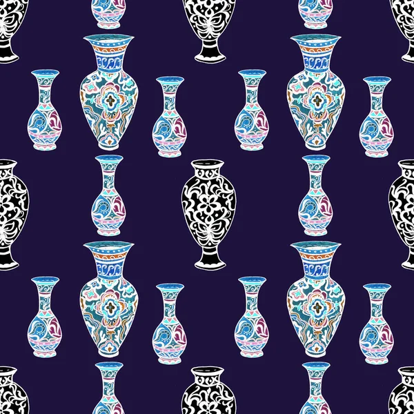 Chinese, Greek vases with ornaments. Hand-drawn illustration. Print, textiles, folk motives, traditions. Bright drawing. Ceramics, porcelain. Seamless pattern