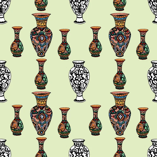 Chinese Griekse Vazen Met Ornamenten Handgetekende Illustratie Print Textiel Volksmotieven — Stockfoto