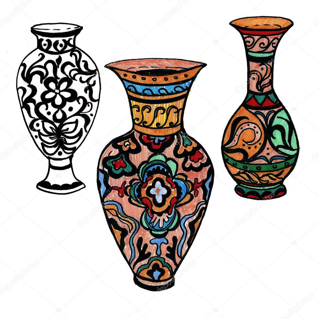Chinese, Greek vases with ornaments. Hand-drawn illustration. Print, textiles, folk motives, traditions. Bright drawing. Ceramics, porcelain. Seamless pattern