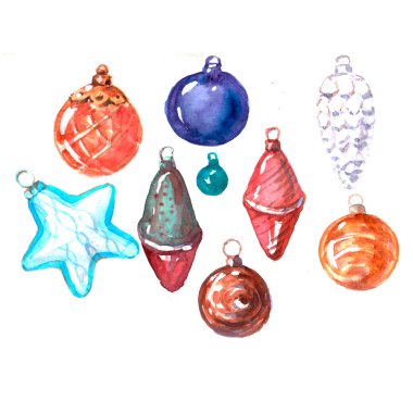 Noel süsleri. Kış tatilleri, yeni yıl, Noel, tatiller. El çizimi suluboya çizimi. Kusursuz desen. Eski, eskiz, baskı, tekstil