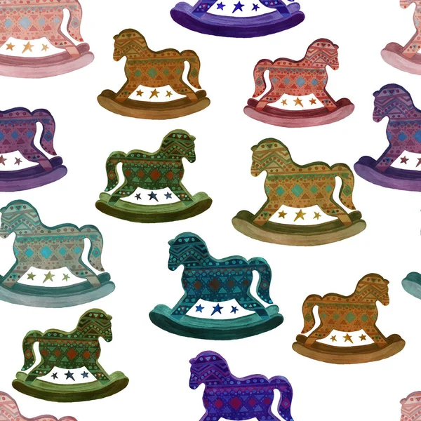 children\'s wooden horse Christmas decorations, Christmas tree decorations, star. Winter Holidays New Year, Christmas, Holidays. Hand drawn watercolor illustration. Seamless pattern. Vintage, sketch, print, textiles