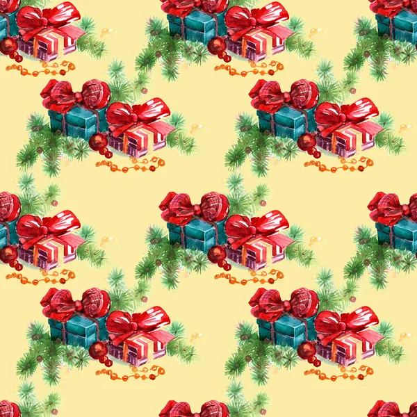 ギフト ギフトボックス クリスマスの組成物 モミの枝 冬の休日新年 クリスマス 手描き水彩イラスト シームレスなパターン ヴィンテージ スケッチ — ストック写真