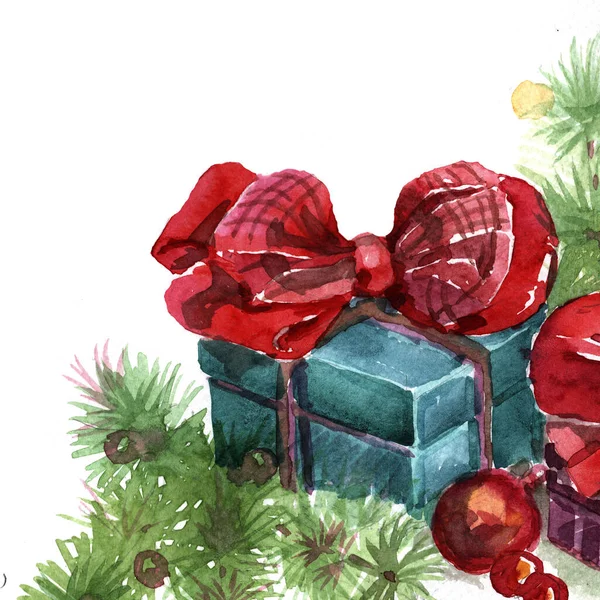 Cadeaus Geschenkdozen Kerstcompositie Dennentakken Wintervakantie Nieuwjaar Kerstmis Vakantie Met Hand — Stockfoto
