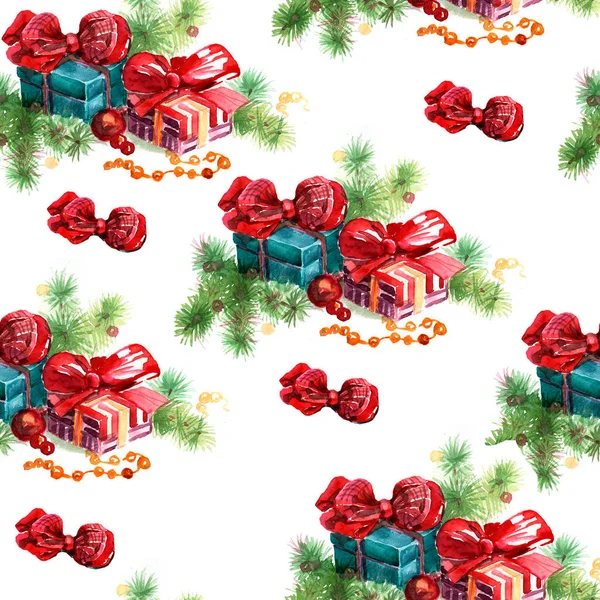 Cadeaus Geschenkdozen Kerstcompositie Dennentakken Wintervakantie Nieuwjaar Kerstmis Vakantie Met Hand — Stockfoto