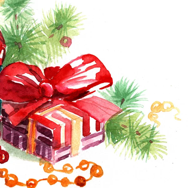 Hediyeler, hediye kutuları, Noel kompozisyonu, köknar dalları. Kış tatilleri, yeni yıl, Noel, tatiller. El çizimi suluboya çizimi. Kusursuz desen. Eski, eskiz, baskı, tekstil