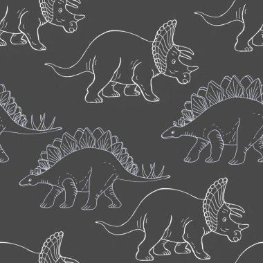 Dinozor triceratops boyama karalama, taslak. Vektör elle çizilmiş illüstrasyon. Yazdır, tekstil. Çocuklar için boyama kitabı. Eskiz, klasik tarzda. Vahşi tarih öncesi doğa.