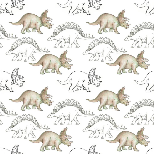 Dinosaurus Triceratops Kleuren Doodle Omtrek Vector Handgetekende Illustratie Print Textiel — Stockfoto