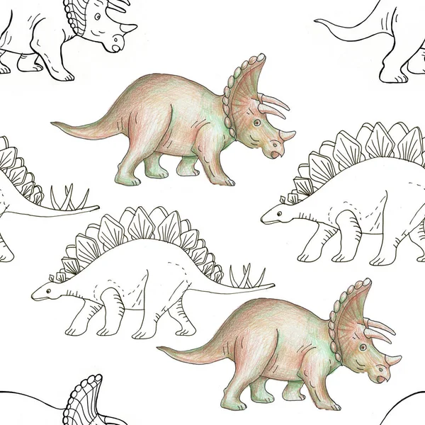 Dinosaurie Triceratops Färg Klotter Kontur Vektor Handritad Illustration Tryck Textilier — Stockfoto