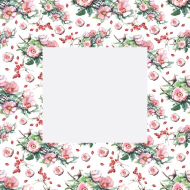 Rosehip suluboya elle çizilmiş bir resim. Meyveler, böğürtlenler, çiçekler ve bitki yaprakları. Parmak izi, tekstil, taslak. Eski, eski, gerçekçilik tarzı. Çiçek, çiçek, bitki örtüsü. Eczane, ilaç, şifalı bitkiler..