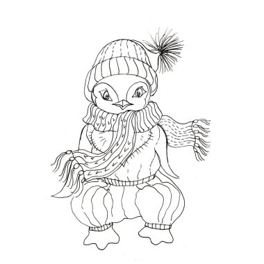 Penguin in a hat cute doodle coloring book. Hand drawn illustration, seamless pattern. Coloring book for children, monochrome. Separately on a white background. Print, sketch. Children's picture. A character with character.