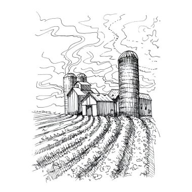 Çiftlik hayvanları inekleri, koyunlar, tavuklar, süt kutuları. Grafiksel el çizimi illüstrasyon. Oyma, çizim, karalama tarzı. Tarım, köy, hasat. Parmak izi, tekstil. Kusursuz desen..