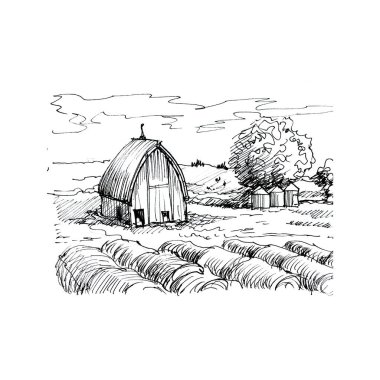 Çiftlik hayvanları inekleri, koyunlar, tavuklar, süt kutuları. Grafiksel el çizimi illüstrasyon. Oyma, çizim, karalama tarzı. Tarım, köy, hasat. Parmak izi, tekstil. Kusursuz desen..
