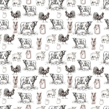 Çiftlik hayvanları inekleri, koyunlar, tavuklar, süt kutuları. Grafiksel el çizimi illüstrasyon. Oyma, çizim, karalama tarzı. Tarım, köy, hasat. Parmak izi, tekstil. Kusursuz desen..