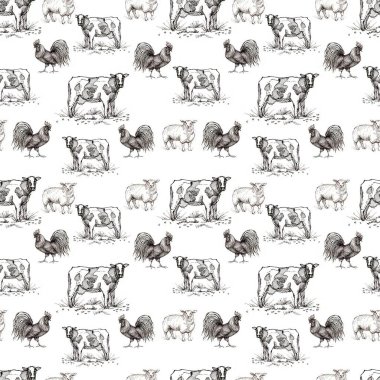 Çiftlik hayvanları inekleri, koyunlar, tavuklar, süt kutuları. Grafiksel el çizimi illüstrasyon. Oyma, çizim, karalama tarzı. Tarım, köy, hasat. Parmak izi, tekstil. Kusursuz desen..