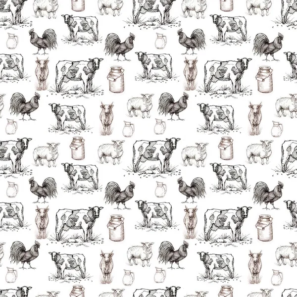 Farm animals cow, sheep, chicken, milk cans. Graphic hand-drawn illustration. Engraving, sketch, doodle style. Agriculture, village, harvest. print, textiles.Seamless pattern.