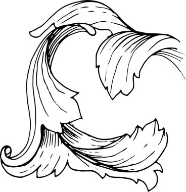 Acanthus yaprağı, Viktorya tarzı, Barok, bukleler, köşeler. Grafiksel el çizimi vektör çizimi. Baskı, tekstil, kağıt. Mürekkep, satır, gravür. paternn