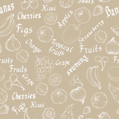 Meyveler. İngilizce harfler, harfler, el yazısı. Egzotik. Sağlıklı beslenme. Kusursuz bir baba. Vektör elle çizilmiş grafik çizimi. Diyet, menü, meyve suyu, reçel. Elma, kiraz, muz..