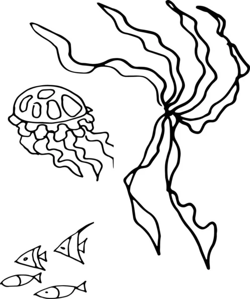 Printsea Τρόφιμα Ψάρια Οστρακοειδή Καβούρια Λιχουδιές Γραφική Απεικόνιση Ζωγραφισμένη Στο — Διανυσματικό Αρχείο