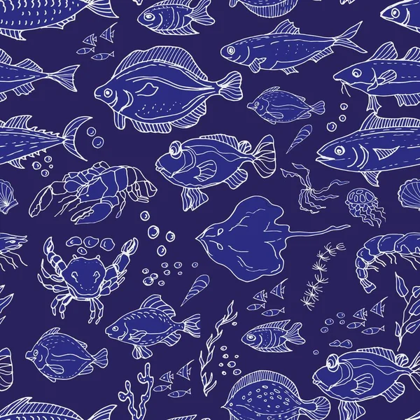 ปลา หอย อาหารเร ยกน ภาพวาดกราฟ วาดด วยม ดเด ภาพร แกะสล — ภาพเวกเตอร์สต็อก