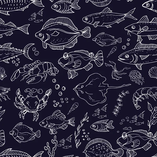 ปลา หอย อาหารเร ยกน ภาพวาดกราฟ วาดด วยม ดเด ภาพร แกะสล — ภาพเวกเตอร์สต็อก