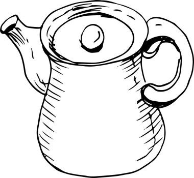 Çay, çay seremonisi, kahvaltı. Grafik çizimleri, çizimler, vektör. Çizim, karalama. Çaydanlık beyaz arkaplanda izole edilmiş nesneler. Yazdırma, tekstil, kağıt. Aromatik canlandırıcı içecek masası. Sofra takımı çaydanlığı tabakları.