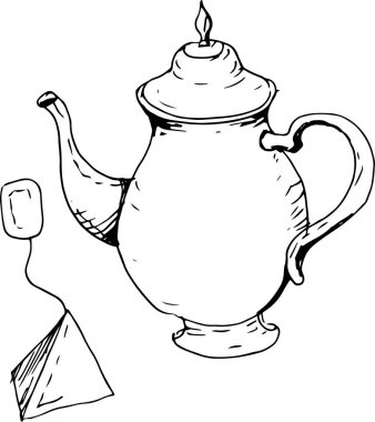 Çay, çay seremonisi, kahvaltı. Grafik çizimleri, çizimler, vektör. Çizim, karalama. Çaydanlık beyaz arkaplanda izole edilmiş nesneler. Yazdırma, tekstil, kağıt. Aromatik canlandırıcı içecek masası. Sofra takımı çaydanlığı tabakları.