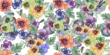 Hanım evlatları, çiçekler, çiçek, çiçek. Kusursuz desen, iz, tekstil. El yapımı suluboya çizimi. İlkbahar, yaz, doğa. Arka planda mor, sarı, pembe sınır desenli çelenk kompozisyonu