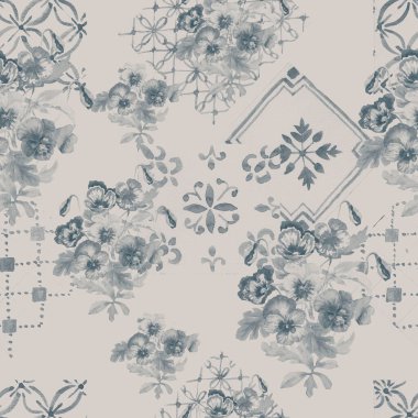 Bir buket çiçek menekşeler majolika fayansları. Tatil 8 Mart bahar tebrik kartı. El çizimi suluboya çizimi. Tekstil vintage retro yazdır.