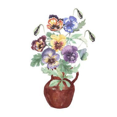 Karton bir kutuda bir buket çiçek ve bir fiyonk. Pradnik 8 Mart bahar tebrik kartı. El çizimi suluboya çizimi. Tekstil vintage retro yazdır.