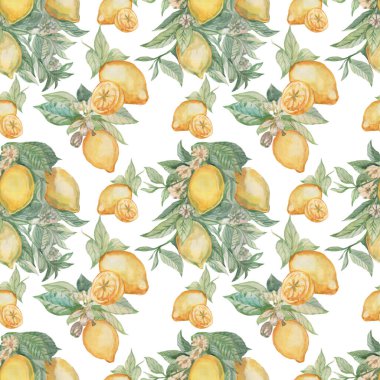 Yaprakları ve çiçekleri olan limonlu meyve dalı majolica provence. Suluboya resimli el çizimi babasız desen. Eskiz baskısı tekstil antika. Egzotik