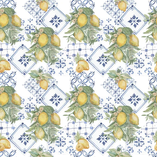 Yaprakları ve çiçekleri olan limonlu meyve dalı majolica provence. Suluboya resimli el çizimi babasız desen. Eskiz baskısı tekstil antika. Egzotik