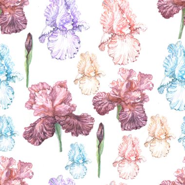 İlkbahar çiçekleri açıyor. Elle boyanmış suluboya resim. Kartpostal, tebrikler Tekstil arkaplan çizimi Patern 