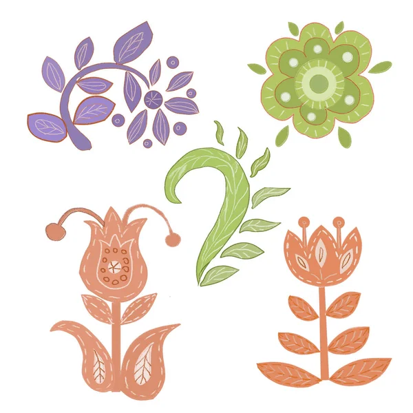 Flores Leavesgraphic Ilustração Estilo Folclórico Desenhado Mão Composição Círculo Mandala —  Vetores de Stock