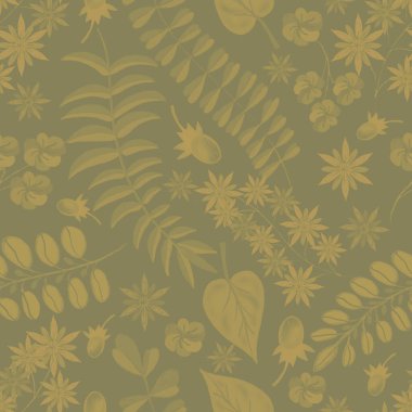 Çiçekler, tropik eğrelti otları, bitki motifleri, halk stili el yapımı illüstrasyon çiçekleri, bahar baskısı, klasik tekstil.