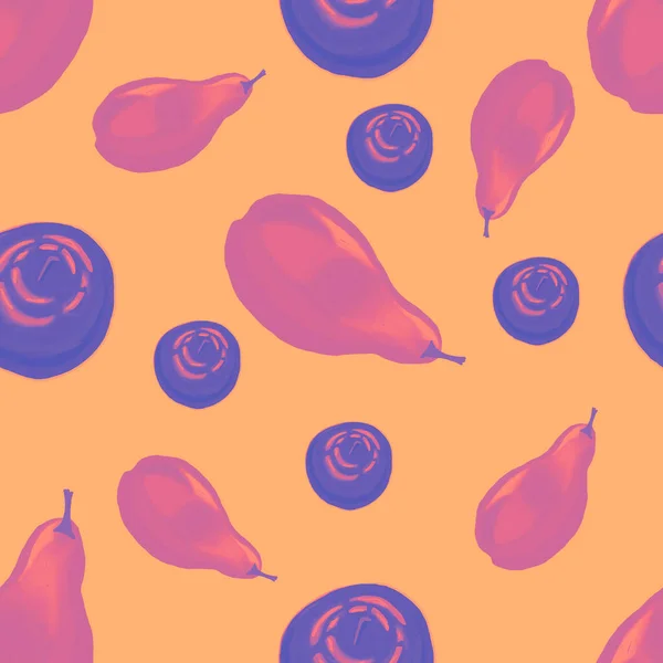 梨子和苹果颜色图例水果手绘印花纺织品家长式无缝印花纺织品素食果汁果酱 — 图库照片