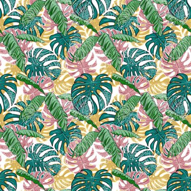 Tropiks Monstera muz palmiyesini terk eder. Pürüzsüz el çizimi, egzotik baskı tekstil ormanı.