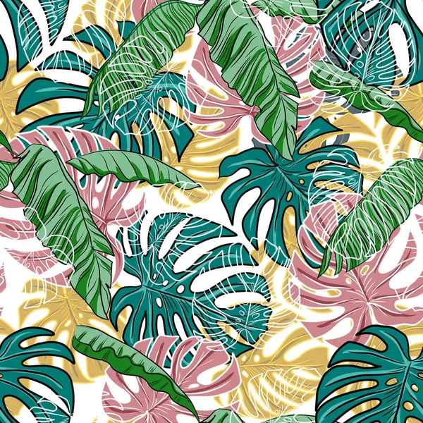 Tropics Monstera Leaves Bananon Palm Patern Seamless Hand Drawn Illustration — Foto de Stock