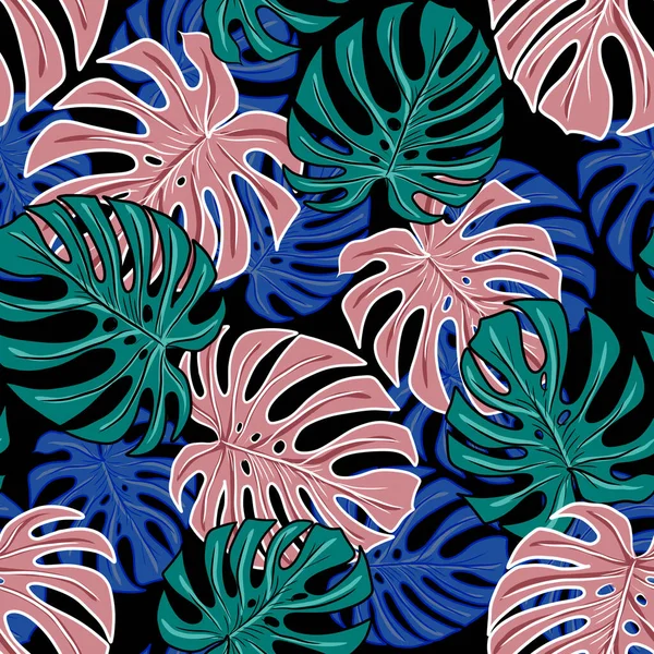 Tropiks Monstera muz palmiyesini terk eder. Pürüzsüz el çizimi, egzotik baskı tekstil ormanı.