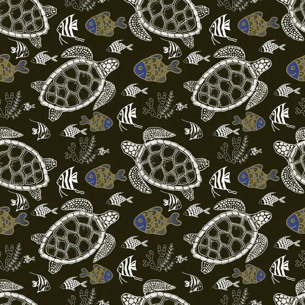 Sköldpadda Hav Doodle Skiss Silhuett Handritat Tryck Textil Grafik Tropik — Stockfoto
