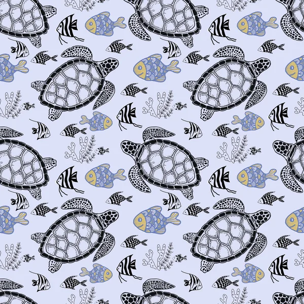 Broască Țestoasă Ocean Doodle Schiță Siluetă Mână Desenată Imprimare Textilă — Fotografie, imagine de stoc