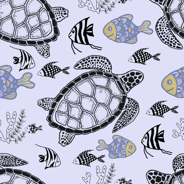 Tartaruga Mare Oceano Doodle Schizzo Silhouette Disegnato Mano Stampa Tessile — Foto Stock