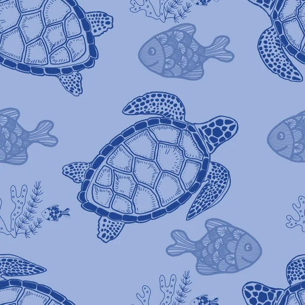 Żółw Morze Ocean Doodle Szkic Sylwetka Ręcznie Rysowane Druk Tekstylny — Zdjęcie stockowe